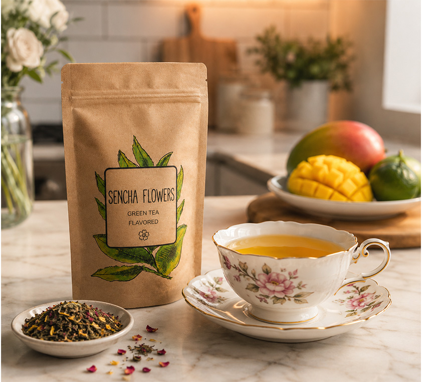 Sencha Flower Leo Tea w metalowej puszce z saszetkami muślinowymi